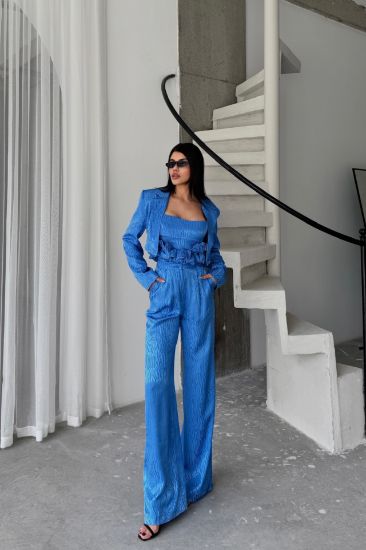 JAKARLI BLUZU TASARIM DETAYLI CEKET-PANTOLON-BLUZ 3 LÜ TAKIM - Mavi resmi